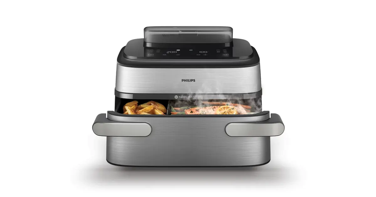 Аерогриль Philips Airfryer серії 5000 NA565/02 із двома відсіками.