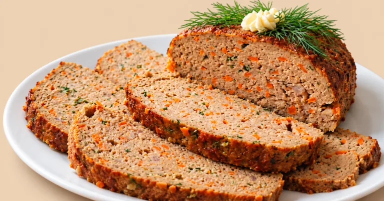 Хлібець із печінки та фаршу, нарізаний скибочками на білій тарілці.