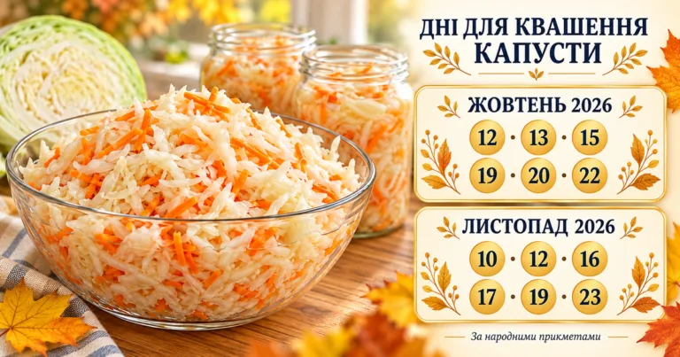Квашена капуста з морквою та календар обраних днів для квашення в жовтні й листопаді 2026 року.