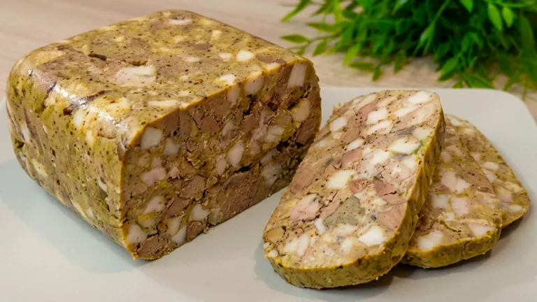 Печінковий зельц із курячої печінки та сала, нарізаний скибочками.