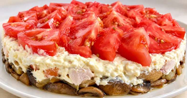Салат «Фаворит» із копченою куркою, грибами та помідорами.