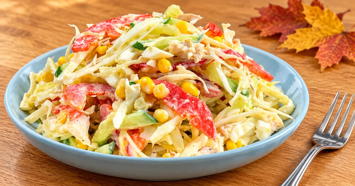 Салат «Жовтень» із капустою, куркою, перцем і кукурудзою на блакитній тарілці поруч з осіннім листям.